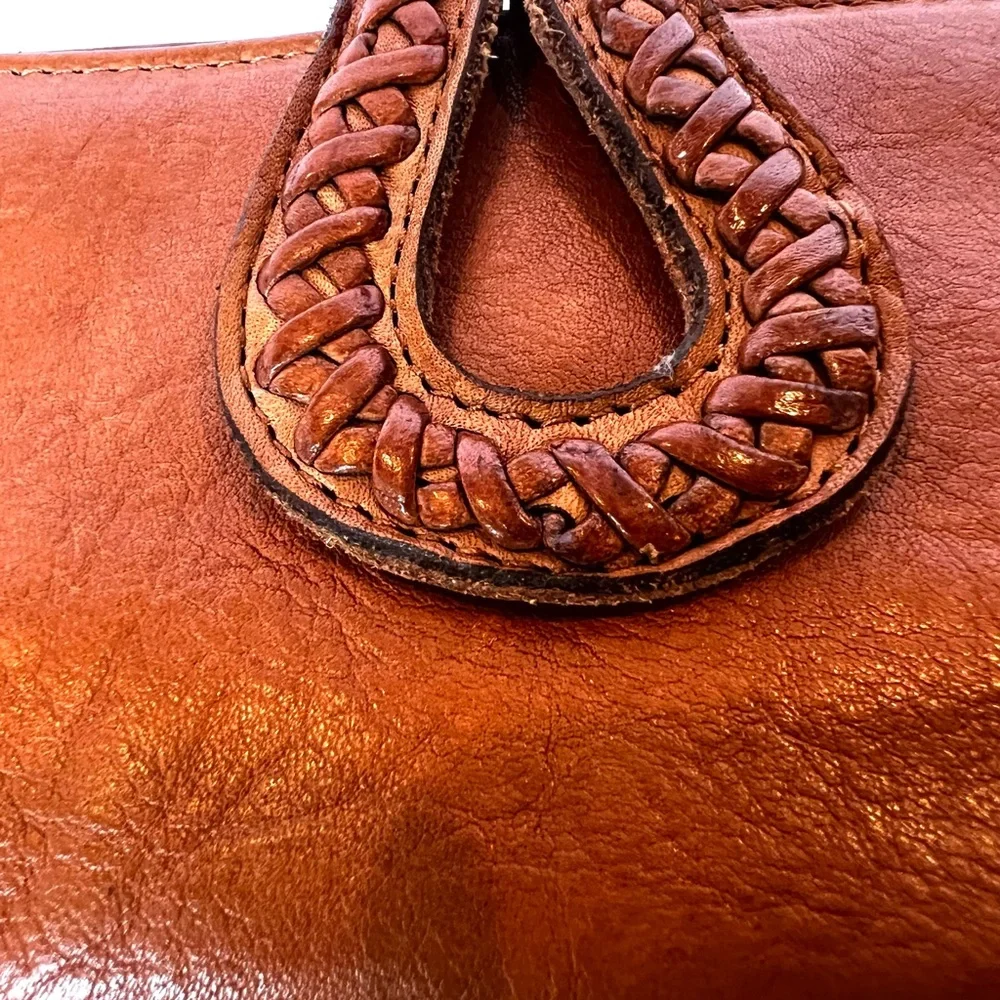 Genuine Leather Braided Tab Wallet Boho Brown Bifold Checkbook Organizer - Picture 4 of 10